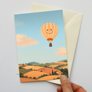 Wenskaart met een glimlachende luchtballon boven een landschap.